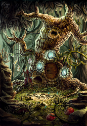 Size: 687x1000 | Tagged: safe, artist:chocolatesun, g4, detailed, everfree forest, mask, scenery, tree, zecora's hut