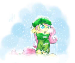 Size: 2037x1711 | Tagged: safe, artist:suplolnope, fluttershy, pegasus, pony, g4, blushing, creeper, creepershy, female, floppy ears, looking up, mare, minecraft, raised hoof, signature, sitting, smiling, snow, solo, tail band, winter