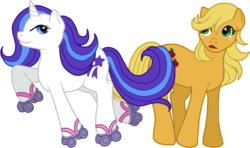 Size: 520x307 | Tagged: safe, artist:adakie, applejack (g1), glory, earth pony, pony, unicorn, g1, duo, duo female, female, mare, roller skates, simple background, transparent background