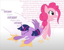 Size: 1017x785 | Tagged: safe, artist:ultrathehedgetoaster, pinkie pie, twilight sparkle, alicorn, earth pony, pony, g4, conjoined, dialogue, female, fusion, gradient background, hedgetoaster hybrid, lol, mare, pushmi-pullyu, twilight sparkle (alicorn), twinkie (fusion), wat, we have become one, weird, what has science done, wtf
