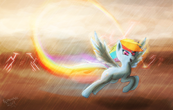 Size: 1666x1068 | Tagged: safe, artist:col762nel, rainbow dash, g4, female, flying, rain, rainbow, solo, storm, trail