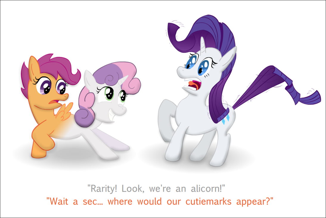 484790 - safe, artist:ultrathehedgetoaster, rarity, scootaloo, sweetie  belle, pegasus, pony, unicorn, g4, conjoined, dialogue, female, filly,  foal, fusion, hedgetoaster hybrid, mare, not an alicorn, pushmi-pullyu,  scootabelle (fusion), simple ...