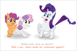 Size: 1094x731 | Tagged: safe, artist:ultrathehedgetoaster, rarity, scootaloo, sweetie belle, pegasus, pony, unicorn, g4, conjoined, dialogue, female, filly, foal, fusion, hedgetoaster hybrid, mare, not an alicorn, pushmi-pullyu, scootabelle (fusion), simple background, trio, trio female, we have become one, what has science done, white background