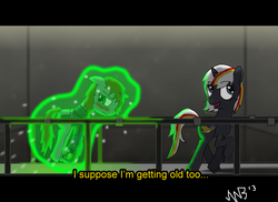 Size: 900x654 | Tagged: safe, artist:stormbadger, oc, oc only, oc:littlepip, oc:velvet remedy, pony, unicorn, fallout equestria, blushing, clothes, dialogue, fake screencap, fanfic, fanfic art, female, glowing horn, horn, jumpsuit, letterboxing, levitation, magic, mare, pipbuck, self-levitation, subtitles, telekinesis, vault suit