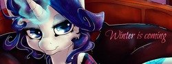 Size: 1280x474 | Tagged: safe, artist:dimwitdog, rarity, g4, bedroom eyes, female, magic, preview, smiling, solo, winter is coming