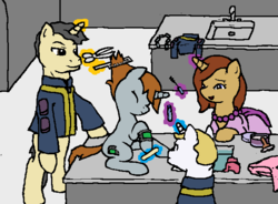 Size: 636x469 | Tagged: safe, artist:king-koder, oc, oc only, oc:littlepip, oc:littlepip's mother, pony, unicorn, fallout equestria, beads, clothes, comb, dress, fanfic, fanfic art, female, glowing horn, haircut, horn, jumpsuit, levitation, littlepip's mother, magic, makeover, male, mare, pipbuck, scissors, stallion, telekinesis, tomboy taming, vault suit