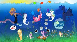 Size: 1207x662 | Tagged: safe, artist:ultrathehedgetoaster, applejack, derpy hooves, fluttershy, pinkie pie, princess celestia, princess luna, rainbow dash, rarity, spike, steven magnet, twilight sparkle, fish, sea pony, g4, apple, balloon, book, bubble, clothes, mane six, question mark, scroll, seapony applejack, seapony celestia, seapony fluttershy, seapony luna, seapony pinkie pie, seapony rainbow dash, seapony rarity, seapony twilight, seaweed, species swap, speech bubble, suit, swimming, tuxedo, underwater, water