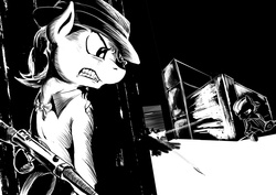 Size: 1500x1063 | Tagged: safe, artist:d-lowell, oc, oc only, pony, bipedal, black and white, grayscale, gun, mafia, noir, submachinegun, tommy gun