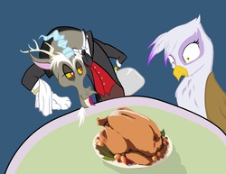 Size: 1650x1275 | Tagged: safe, artist:d-lowell, discord, gilda, draconequus, griffon, turkey, g4, butler, cooked, dead, female, food, implied cannibalism, male, table, thanksgiving, twitch, wide eyes