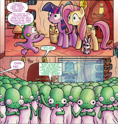 Size: 791x836 | Tagged: safe, artist:agnesgarbowska, edit, idw, official comic, fluttershy, spike, twilight sparkle, g4, comic, text edit