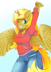 Size: 3508x4961 | Tagged: artist needed, source needed, safe, oc, oc only, oc:ticket, alicorn, anthro, alicorn oc, anthro oc, clothes, hoodie, human facial structure, jeans, solo, stretching