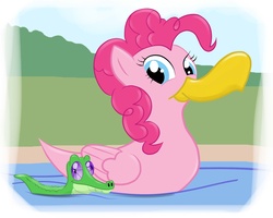 Size: 1910x1526 | Tagged: safe, artist:mistergi, gummy, pinkie pie, duck, g4, pond, species swap, water