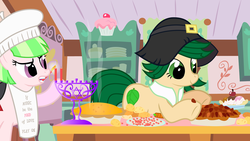 Size: 1280x720 | Tagged: safe, artist:violetclm, drama letter, sweet leaf, watermelody, earth pony, pony, g4, apron, background human, beret, candle, clothes, hanukkah, hat, menorah, pie, ponified, thanksgiving