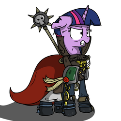 Size: 2000x2000 | Tagged: safe, artist:kippzu, twilight, twilight sparkle, pony, unicorn, g4, cape, clothes, crossover, female, gregor eisenhorn, inquisition, inquisitor, mare, purity seal, scar, simple background, solo, torn ear, unicorn twilight, warhammer (game), warhammer 40k, weapon, white background