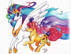 Size: 2400x1836 | Tagged: safe, artist:aspendragon, princess celestia, rosedust, flutter pony, g1, g4, female, flying, open mouth, queen rosedust, smiling, sparkles, spread wings, traditional art