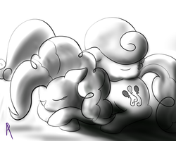 Size: 1200x960 | Tagged: safe, artist:thorheim, carrot top, golden harvest, pinkie pie, g4, monochrome, sleeping