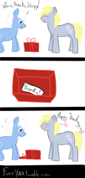 Size: 500x1041 | Tagged: safe, artist:scouthiro, derpy hooves, oc, earth pony, pony, g4, blushing, box, comic, heart, male, present, stallion, thanks, thanksgiving