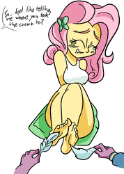 Size: 478x673 | Tagged: safe, artist:sweethd, fluttershy, twilight sparkle, equestria girls, g4, barefoot, breasts, busty fluttershy, crying, disembodied hand, feather, feet, female, grin, interrogation, smiling, speech bubble, tickle torture, tickling