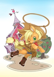 Size: 723x1023 | Tagged: safe, artist:nicowaha, applejack, g4, barn, clothes, female, jumping, lasso, mouth hold, one eye closed, solo, sweet apple acres
