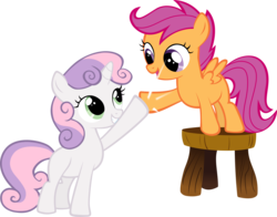 Size: 6000x4714 | Tagged: safe, artist:fabulouspony, scootaloo, sweetie belle, pegasus, pony, unicorn, g4, absurd resolution, blank flank, duo, female, filly, foal, gritted teeth, hoofbump, open mouth, simple background, spread wings, stool, teeth, transparent background, vector, wings