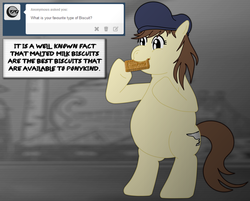 Size: 2467x1985 | Tagged: safe, oc, oc only, oc:pit pone, ask, biscuits, british, chubby, coal miner, eating, english, fat, gravy, gravy boat, hat, malted milks, northerner, solo, tumblr