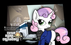 Size: 1560x1000 | Tagged: dead source, safe, artist:roflpanzer, sweetie belle, pony, unicorn, g4, body armor, clothes, female, grand theft auto, gta v, loading screen, michael de santa, michael townley, parody, police, solo