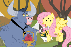 Size: 500x333 | Tagged: source needed, safe, artist:creepycurse, fluttershy, iron will, g4, apple, basket, happy, necktie, nose ring