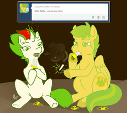 Size: 897x800 | Tagged: safe, artist:weedbutt, oc, oc:gusty greens, pegasus, pony, unicorn, ask-potluck, drugs, gustygreens, horn, looking down, pegasus oc, potluck, sitting, tumblr, unicorn oc