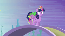 Size: 1920x1080 | Tagged: safe, screencap, spike, twilight sparkle, alicorn, dragon, pony, g4, princess twilight sparkle (episode), season 4, big crown thingy, context is for the weak, cross-eyed, eyes closed, faceful of ass, female, frown, gritted teeth, jewelry, male, mare, out of context, raised leg, regalia, spike running into twilight's rear, twilight sparkle (alicorn), wide eyes