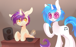 Size: 900x560 | Tagged: safe, artist:pekou, dj pon-3, vinyl scratch, oc, g4, magic, screwdriver, table