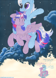 Size: 1800x2514 | Tagged: safe, artist:foxxy-arts, trixie, twilight sparkle, alicorn, pony, g4, cute, female, flying, lesbian, mare, ponies riding ponies, riding, ship:twixie, shipping, trixie riding twilight, twilight sparkle (alicorn)