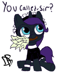 Size: 624x800 | Tagged: artist needed, safe, oc, oc only, oc:nyx, alicorn, pony, alicorn oc, clothes, cute, glasses, maid, mouth hold, solo