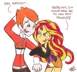 Size: 1209x1126 | Tagged: safe, artist:callyie-chan, heath burns, sunset shimmer, equestria girls, g4, background human, duo, heathshimmer, shipping