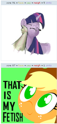 Size: 256x558 | Tagged: safe, applejack, twilight sparkle, human, derpibooru, g4, exploitable meme, human fetish, juxtaposition, juxtaposition win, meme, meta