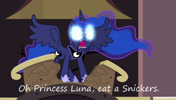 Size: 800x453 | Tagged: safe, princess luna, g4, princess twilight sparkle (episode), angry, angry luna, female, glowing eyes, hungry, insane pony thread, snickers, solo