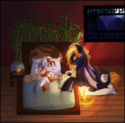 Size: 1010x992 | Tagged: safe, artist:noxxplush, oc, oc only, oc:gloaming, oc:pebbles, bat pony, fish, pony, bamboo, bed, book, candle, filly, reading
