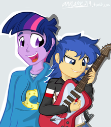 Size: 2550x2912 | Tagged: safe, artist:anname219, flash sentry, twilight sparkle, equestria girls, g4, clothes, duo, dusk shine, equestria guys, female, flare warden, guitar, hoodie, male, rule 63, ship:duskflare, ship:flashlight, shipping, straight, wondercolts