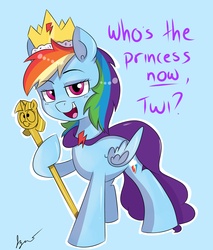 Size: 4999x5868 | Tagged: safe, artist:bloodyhellhayden, rainbow dash, pegasus, pony, g4, absurd resolution, cape, clothes, crown, dialogue, female, implied twilight sparkle, looking at you, mare, princess, princess rainbow dash, regal, scepter, simple background, solo, twilight scepter