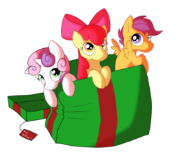 Size: 638x575 | Tagged: safe, artist:jennilah, apple bloom, scootaloo, sweetie belle, g4, cutie mark crusaders, present, simple background, transparent background