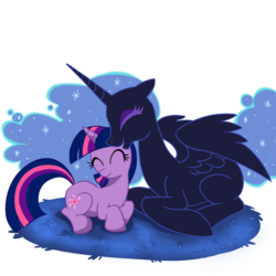 Size: 1000x1000 | Tagged: safe, artist:madmax, edit, nightmare moon, twilight sparkle, oc, oc:nyx, alicorn, pony, fanfic:past sins, g4, adult blank flank, blank flank, cuddling, duo, fanfic art, missing accessory, nightmare nyx, smiling