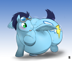 Size: 1094x925 | Tagged: safe, artist:gillpanda, edit, soarin', pegasus, pony, g4, bags under eyes, bhm, blushing, fat, goggles, inflation, male, morbidly obese, obese, soarchub, solo, stallion, weight gain