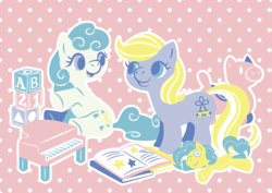 Size: 842x595 | Tagged: dead source, safe, artist:yousukou, dangles, tootsie, pony, g1, baby, baby pony, blocks, book, doll, duo, musical instrument, piano, plushie, toy, toy piano