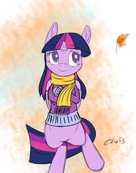 Size: 1100x1397 | Tagged: safe, artist:xcopyen002, twilight sparkle, alicorn, pony, semi-anthro, g4, arm hooves, bipedal, blushing, clothes, female, mare, scarf, solo, sweater, twilight sparkle (alicorn)