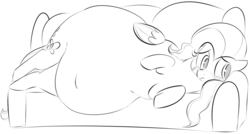 Size: 1492x799 | Tagged: safe, artist:dotkwa, fluttershy, pony, g4, fat, fattershy, female, grayscale, impossibly large belly, monochrome, morbidly obese, obese, sketch, solo