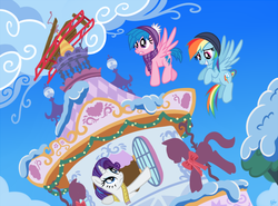 Size: 973x720 | Tagged: safe, artist:sorcerushorserus, firefly, rainbow dash, rarity, g1, g4, carousel boutique, clothes, crash, flying, hat, measuring tape, scarf, sled, snow, winter