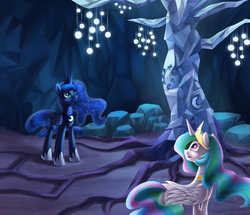 Size: 1428x1230 | Tagged: safe, artist:chryseum, princess celestia, princess luna, tree of harmony, alicorn, pony, g4, princess twilight sparkle (episode), 2013, description in comments, duo, duo female, female, mare, scene interpretation