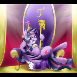 Size: 1024x1024 | Tagged: safe, artist:anightlypony, twilight sparkle, alicorn, pony, g4, princess twilight sparkle (episode), big crown thingy, clothes, dreamworks face, female, grin, mare, robe, smug, smuglight sparkle, solo, throne, throne slouch, twilight scepter, twilight sparkle (alicorn)