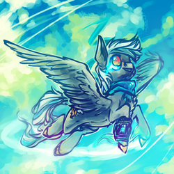 Size: 500x500 | Tagged: safe, artist:syntactics, oc, oc only, oc:snowy silvercast, hybrid, clothes, flying, pipboy, scarf, solo