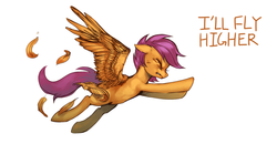 Size: 1600x830 | Tagged: safe, artist:kimoringo, scootaloo, pegasus, pony, g4, eyes closed, feather, female, filly, flying, i'll fly higher, scootaloo can fly, solo, song reference, text