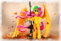 Size: 4000x2690 | Tagged: safe, artist:shaadorian, fluttershy, pegasus, pony, g4, beret, bipedal, bodypaint, dog tags, face paint, female, floppy ears, gun, hooves, mare, op 96 falcon, optical sight, rifle, sniper rifle, snipershy, solo, spread wings, war paint, weapon, windswept mane, wings